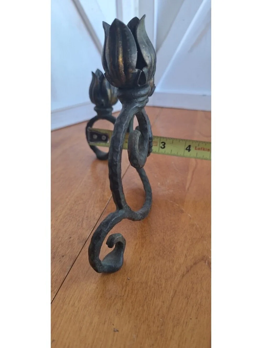 VTG Pair Brass/cast Iron Candlestick holders Tulip Buds on each Scroll Design